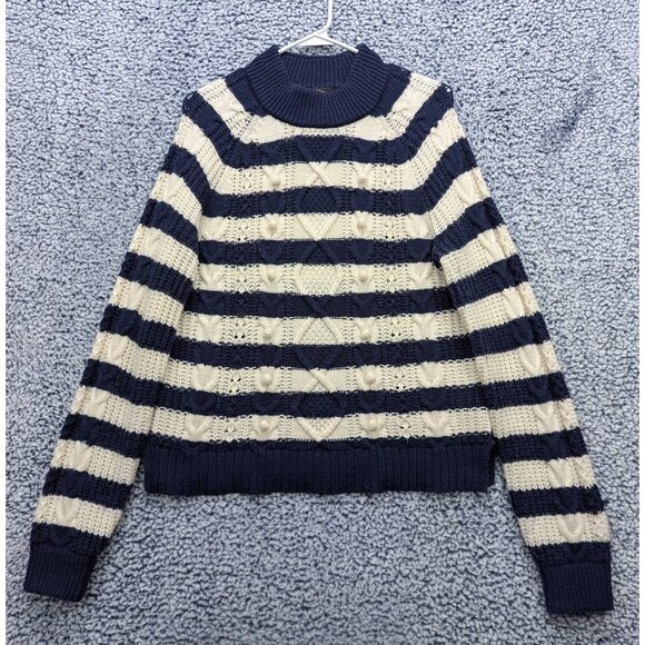 J Crew Pom Pom Cable Knit Lambswool Sweater Womens M Nautical Preppy Stripe Blue - Picture 1 of 11